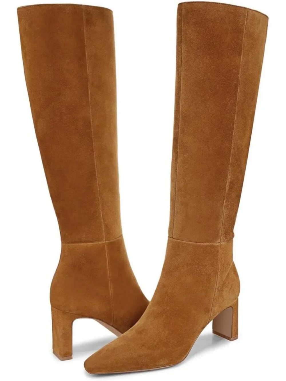 Women's Brown Chunky Heel Pointed Toe Faux Suede Side Zipper Knee High Boots